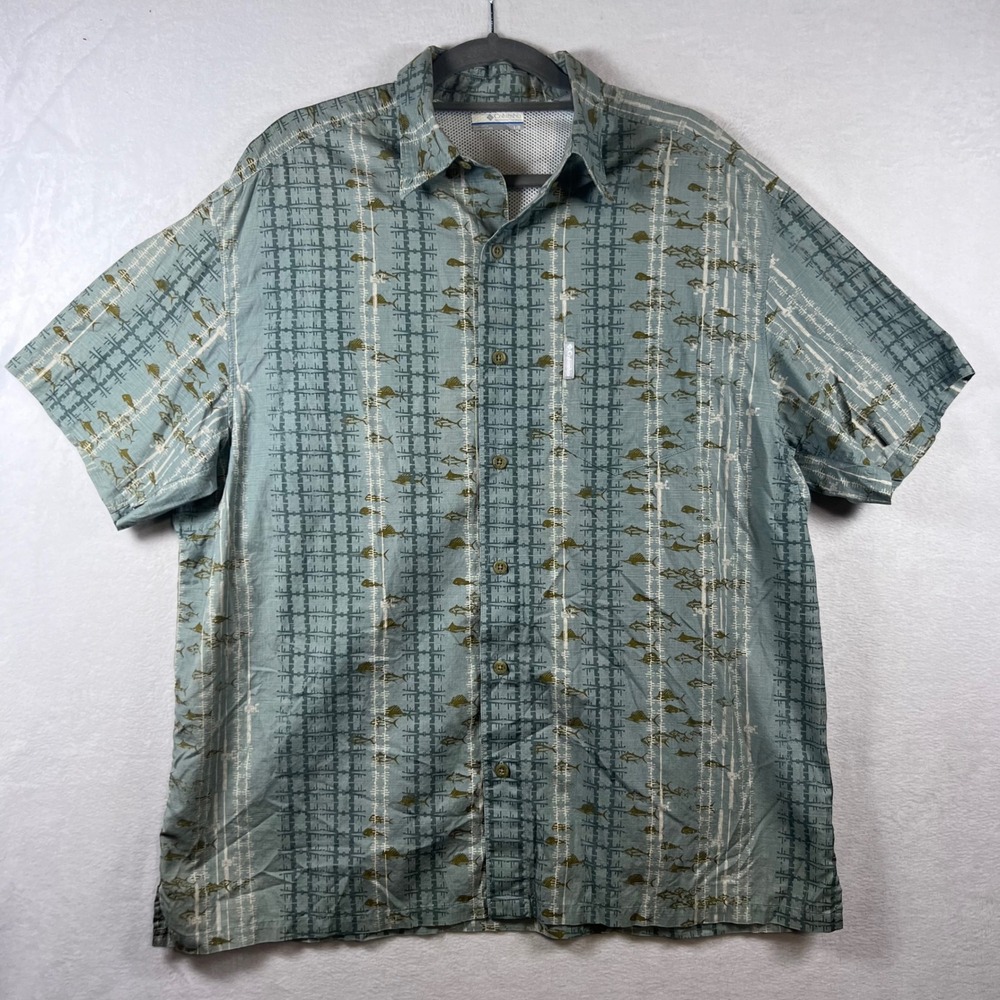 Columbia PFG Mens‎ L Green Marlin Fish Print Short Sleeve Button Up Shirt Vented